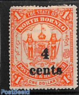 North Borneo 1904 4c On 1$, Stamp Out Of Set, Unused (hinged), History - Coat Of Arms - Noord Borneo (...-1963)