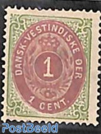 Danish West Indies 1873 1c, Perf. 14:13.5, Green/purplelila, Unused (hinged) - Denmark (West Indies)