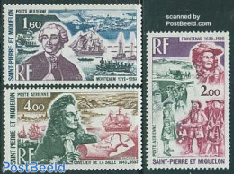 Saint Pierre And Miquelon 1973 Famous Persons 3v, Unused (hinged), History - Transport - Various - Explorers - Ships A.. - Onderzoekers