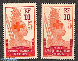 Gabon 1915 Red Cross Overprints 2v (2 Diff. Country Names On Basic Stamps), Unused (hinged), Health - Red Cross - Ongebruikt