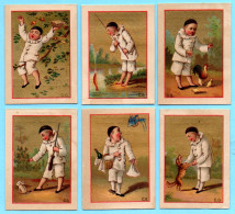 Lot De 6 Petites Chromos Magasins Réunis E. Cauvas. Pierrot Et Animaux. Fond Doré. - Tea & Coffee Manufacturers