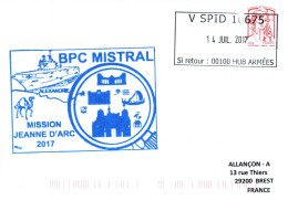 ENVELOPPE AVEC CACHET DU  BPC MISTRAL - MISSION JEANNE D' ARC 2017 - ESCALE A ALEXANDRIE LE 14/07/2017 - Poste Navale