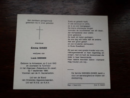 Emma Ginee ° Antwerpen 1913 + Turnhout 1985 X Louis Geenen - Todesanzeige