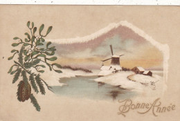 NOUVEL AN. CPA . " BONNE ANNEE ".  ILLUSTRATION JIM . PAYSAGE ENNEIGE. MOULIN PAYS BAS . + TEXTE - Neujahr