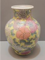 -ANCIEN GRAND VASE CERAMIQUE CHINE XXe Décor GROSSES FLEURS & FEUILLES      E - Otros & Sin Clasificación