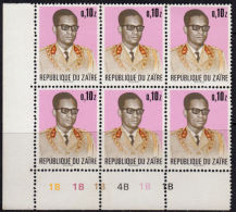 D0023 ZAIRE 1973, SG 818  Z0.10 Mobutu Definitive, MNH Control Block Of 6 - Ungebraucht