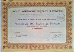 Société Commerciale Baignères Et Dewisme - Action De 100 Fr Au Porteur (Paris 1930) - Otros & Sin Clasificación