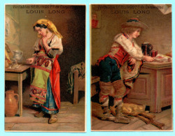 Lot De 2 Chromos Louis Long. Couple De Paysans à L’intérieur De Leur Maison. Imp. Bourgerie - Autres & Non Classés