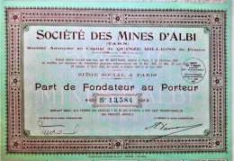 Société Des Mines D'Albi - Part De Fondateur Au Porteur - 1926 - Paris - Mineral