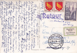 1955-C.postale Tour Eiffel De PARIS  Pour Karlshruhe (Allemagne) ,timbres Blasons ,vignette ,griffe Retour + Cachet - 1921-1960: Modern Tijdperk
