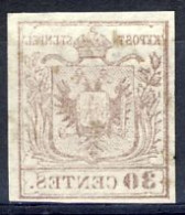 1850 - 30 C. Carta A Mano 1° Tipo - Varietà Decalco Ben Impresso Al Recto + Fronte Linea Interrotta Sopra "30" (2 Foto) - Lombardy-Venetia