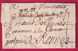 RARE MENTION JETE A LA BOITE SANS ARGENT + MARQUE PORT PAYE MANUSCRIT MORLAIX FINISTERE LN°19 INDICE18 POUR RENNES - 1701-1800: Precursores XVIII