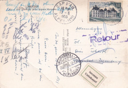 1955 -C.P Menton De CAP D'AIL-06  Pour WUPPERTAL (Allemagne) ,timbre ,vignette "INCONNU", Griffe RETOUR , Cachet - 1921-1960: Période Moderne