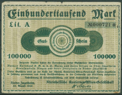 Nieder-Ingelheim Konserven-AG 100000 Mark 1923, Keller 3915 A, Gebraucht (K1628) - Autres & Non Classés
