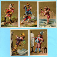 Lot De 5 Chromos Sans PUB. Activités Et Adventures De Polichinelle. Fond Doré. - Altri & Non Classificati