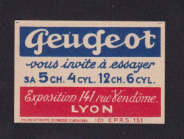 Ancienne  étiquette  Allumettes France    Peugeot Lyon Années 30 - Matchbox Labels