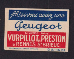 Ancienne  étiquette  Allumettes France    Peugeot  Rennes St Brieuc Années 30 - Luciferdozen - Etiketten