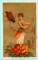 Chromo Sans PUB. Femme, Fleurs, Insecte. Fond Doré.. - Otros & Sin Clasificación