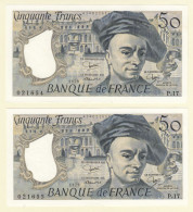 2x 50 Francs QUENTIN DE LA TOUR Type 1976 F.67.05 P.17 SPL+ Série X2 - 50 F 1976-1992 ''Quentin De La Tour''