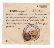 1930. FRANCE,LYON,25 C REVENUE STAMP,ENTRY TICKET - Covers & Documents