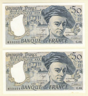 2x 50 Francs QUENTIN DE LA TOUR Type 1976 F.67.17 G.68 SPL+ Série X2 - 50 F 1976-1992 ''quentin De La Tour''