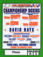 David Haye Michael Sprott Vintage Fight Boxing Ticket 2003 Press Pass - Boxe