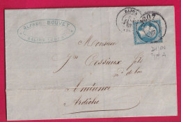 N°22 BUREAU DE PASSE1307 DIJON + CAD TYPE 15 SUR TIMBRE 1867 POUR ANDANCE ARDECHE LETTRE - 1849-1876: Période Classique