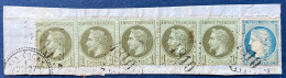 Fragment Napoléon LAURÉ N°19 Bande De 5 + Siège N°37 Oblitérés GC 4810 (ind 18) De SIX-FOURS + Dateur Perlé T24 - 1863-1870 Napoléon III Con Laureles