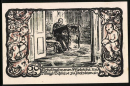 Notgeld Friedrichsbrunn I. H. 1921, 50 Pfennig, Hände Mit Geldmünzen, Waage, Arbeitszimmer Friedrich II. In Potsdam  - Lokale Ausgaben
