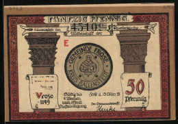 Notgeld Frose /Kr. Ballenstedt 1921, 50 Pfennig, Säulenköpfe U. Turmfenster D. Klosterkirche, Siegel  - Lokale Ausgaben