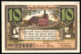 Notgeld Hagenow 1921, 10 Pfennig, Reutergeld, Strassenpartie, Wappen, Flusspartie Mit Hirschen Und Kühen  - [11] Emissions Locales