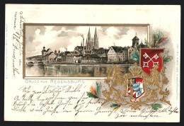 Passepartout-Lithographie Regensburg, Donauansicht Mit Dom St. Peter, Wappen  - Other & Unclassified