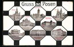 AK Posen / Poznan, Rathaus, Akademie, Residenzschloss, Stadttheater  - Posen