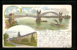 Lithographie Bonn, Rheinbrücke Und Dampfer, Universität  - Bonn