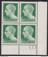 1929 Regno Di Italia, N. 259 Imperiale 25 Lire Verde Giallo MNH/** QUARTINA ANGOLO DI FOGLIO Con Il RARO Numero Di Tavol - Sonstige & Ohne Zuordnung