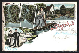 Lithographie Neu Zauche, Gasthaus Spreewald, Frau In Tracht Auf Boot  - Autres & Non Classés