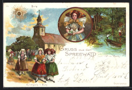 Lithographie Burg /Spreewald, Kirchgang, Eine Bank, Frau In Tracht  - Other & Unclassified
