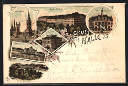 Lithographie Halle /Saale, Bahnhof, Franke-Stiftung, Universität, Marktplatz  - Sonstige & Ohne Zuordnung