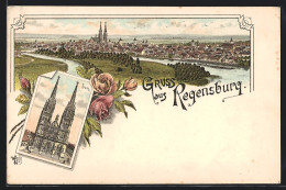 Lithographie Regensburg, Totalansicht & Domblick  - Regensburg