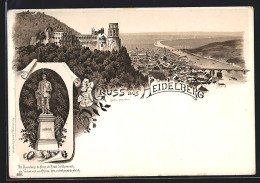 Lithographie Heidelberg, Ortsansicht Mit Scheffel Denkmal  - Heidelberg