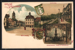 Lithographie Salzungen, Kurhaus, Gradierhaus, Marktplatz, Wappen  - Genealogía