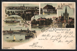 Lithographie Konstanz, Panorama Von Der Seestrasse, Bodensee Dampfer, Münster & Schloss Mainau  - Konstanz