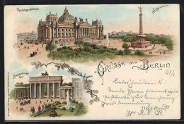 Lithographie Berlin, Reichstags-Gebäude, Siegessäule, Brandenburger Tor  - Dierentuin