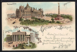 Lithographie Berlin, Reichstags-Gebäude, Siegessäule, Brandenburger Tor  - Tiergarten