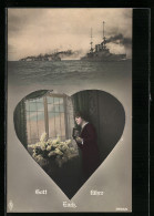 AK Kriegsschiffe Auf Hoher See, Herzförmiges Motiv Einer Wartenden Frau Am Fenster  - Guerre