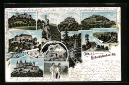 Lithographie Achalm, Tübinger Schloss, Hohenzollern, Neuffen, Teck, Rechberg, Nebelhöhle, Uracher Wasserfall, Lichte  - Bad Urach