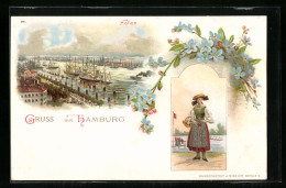 Lithographie Hamburg-Harburg, Hafen, Frau In Trachten, Segelschiffe, Vergissmeinnicht  - Harburg