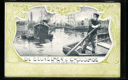 Künstler-AK Antwerpen, Mann Im Boot Im Hafen, Reklame Für Chocolat De Beukelaer  - Landbouw