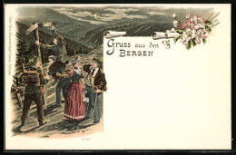 Lithographie Wandergruppe In Den Bergen  - Alpinismus, Bergsteigen