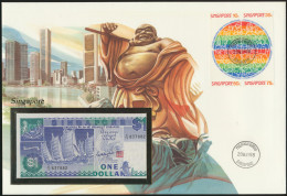 Geldschein Banknotenbrief Singapur Buddha + Briefmarken 1 Dollar P18a 1988 - Sonstige & Ohne Zuordnung